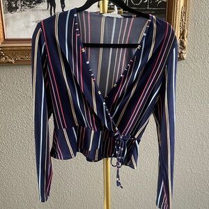 BCBGeneration Navy Multicolor Striped Wrap Top